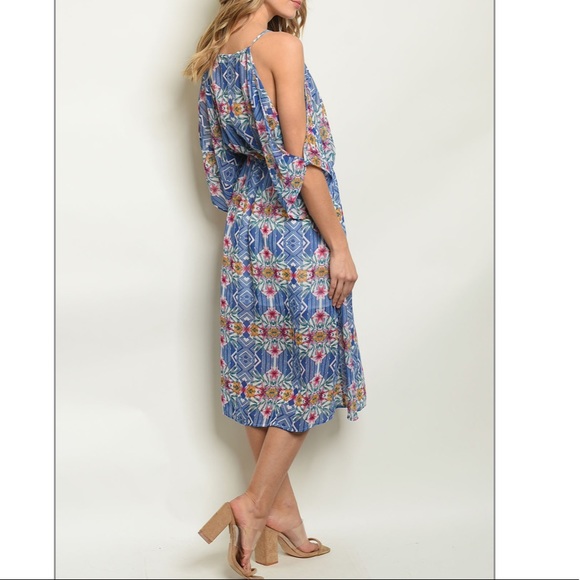 —SALE— Blue Floral Cold Shoulder Midi Tunic Dress Sizes Small & Large - Picture 3 of 7